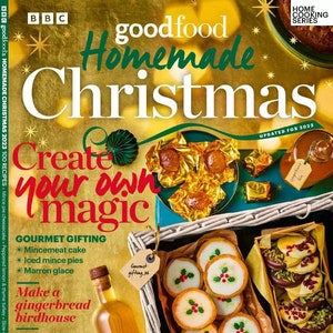 May include: A magazine cover for the BBC Good Food magazine, featuring a festive Christmas theme. The cover features a gingerbread birdhouse, a variety of Christmas treats, and the text "Homemade Christmas: Create your own magic".
