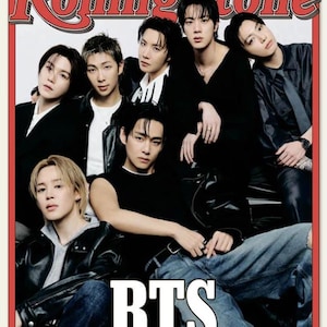 May include: Rolling Stone magazine cover featuring the musical group BTS. The cover has a red border and the Rolling Stone logo at the top. The text "BTS Back on Top" is displayed in white. The group members are dressed in black and denim.
