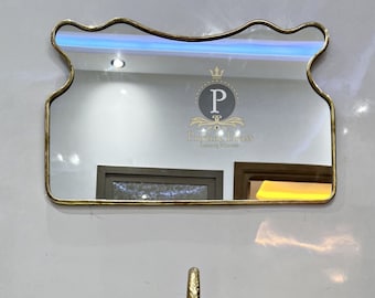 Tapered Shape, Irregular golden brass mirror, Brass irregular Mirror Bathroom Mirror Aesthetic Handmade Mirror, Rectangle brass mirror