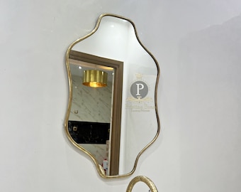 Italian Antiqued Brass Mirror Gold Arch Mirror, Asymmetrical Wavy Brass Mirror Antiqued brass Wall Mirror, Moroccan Brass rregular Mirror