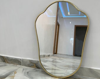 Antique Brass Mirror, Italian Wavy Brass Wall Mirror, Bathroom Mirror