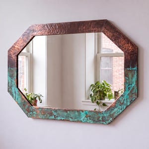 Large Copper Wall Mirror, Geometric Octagon Shape with Textured Hammered Finish, Oxidized Copper and Turquoise Verdigris Patina
