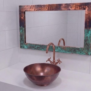 Copper Mirror with Green Verdigris Patina, rectangular copper mirror