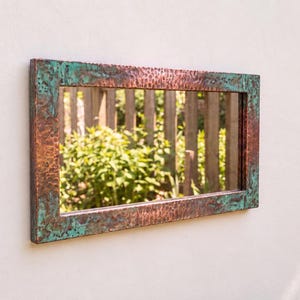 Copper Rectangular Mirror, Hammered Frame with Green Verdigris Patina, Rustic Moroccan Wall Decor for Bathroom Vanity, Bedroom