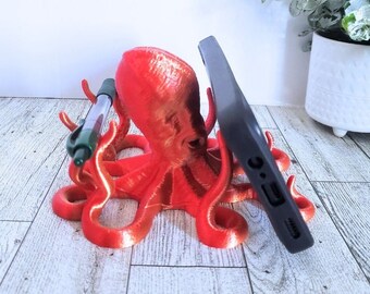 Octopus Desk Organizer, Phone Holder, Pencil Holder, Nautical Theme, Variety of Colors - In FLAME