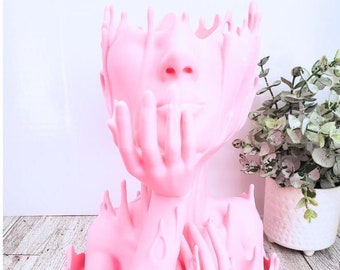 Beautiful Woman With Melting Face Planter/Pot/Vase In Pink Pastel, Eclectic Modern Decor, Unique Design, Variety of Colors