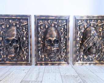 Three Wise Skulls Halloween Wall Art, Hear No Evil, See No Evil, and Speak No Evil, Custom, 3D Printed, Skull Wall Art, Best Seller