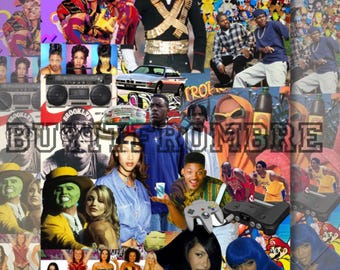 May include: A colorful collage of 90s pop culture icons, including Michael Jackson, Will Smith, and the Nintendo 64. The collage also features images of popular music, fashion, and toys from the 1990s.