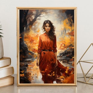 Cartel de chica hermosa, cartel de otoño, arte de pared, arte de pared de la naturaleza, decoración del hogar, listo para colgar, hermoso paisaje, decoración de pared de carteles