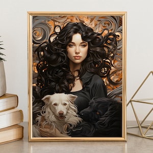 Girl with dogs Poster, Dog Lover Poste, Wall Art, Wall Decor, Home Decor, Wall Hanging, Beautiful Girl Art, Vintage Art, Living room Decor