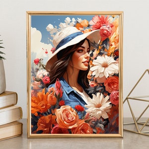 Woman in Flowers Poster, Wall Art, Floral Wall Art, Flower Girl, Home decor, Woman and flowers, Modern girl art, Colorful woman art