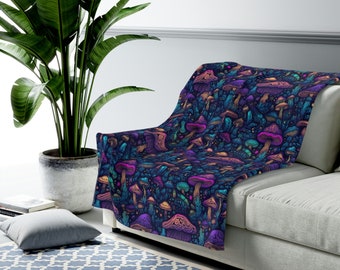 Psychedelic Blacklight Mushroom Print #8 Velveteen Plush Blanket | Vibrant Design | Soft & Warm | Perfect for Home Decor