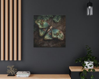 Green Moth Canvas Print | Gothic Surrealist Art | Dark Mystical Wall Art | Unusual Home Decor | Enchanting Insect | Multiple Sizes Available