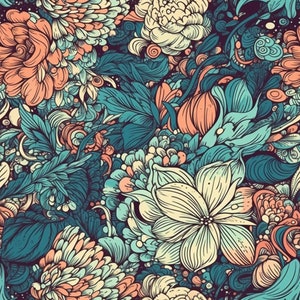 May include: A seamless pattern featuring a variety of flowers in shades of blue, green, pink, and white. The flowers are drawn in a detailed, intricate style, and the pattern is perfect for use in a variety of design projects.