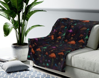 Psychedelic Blacklight Mushroom Print #3 Velveteen Plush Blanket | Vibrant Design | Soft & Warm | Perfect for Home Decor