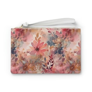 Watercolor Bokeh Floral Pink & Blue Zippered Mini Clutch Bag | Women&#39;s Zipper Clutch Bag | Vegan Leather Clutch | Elegant Accessory
