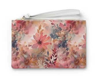 Watercolor Bokeh Floral Pink & Blue Zippered Mini Clutch Bag | Women's Zipper Clutch Bag | Vegan Leather Clutch | Elegant Accessory