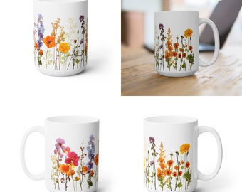 Pressed Flower Boho Design Ceramic Coffee Mug 15oz #1 | Dishwasher & Microwave Safe | Unique Artistic Coffee and Tea Cup | Perfect Gift Idea