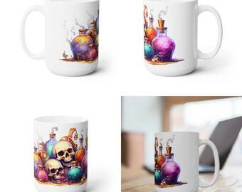 Ceramic Coffee Mug 15oz | Skulls and Potions Design #5 | Dishwasher & Microwave Safe | Unique Coffee and Tea Cup | Perfect Gift Idea
