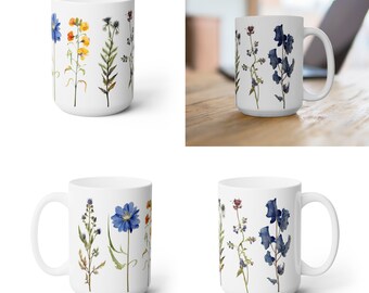 Pressed Flower Boho Design Ceramic Coffee Mug 15oz #5 | Dishwasher & Microwave Safe | Unique Artistic Coffee and Tea Cup | Perfect Gift Idea