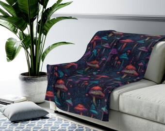 Psychedelic Blacklight Mushroom Print #9 Velveteen Plush Blanket | Vibrant Design | Soft & Warm | Perfect for Home Decor