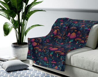 Psychedelic Blacklight Mushroom Print #7 Velveteen Plush Blanket | Vibrant Design | Soft & Warm | Perfect for Home Decor
