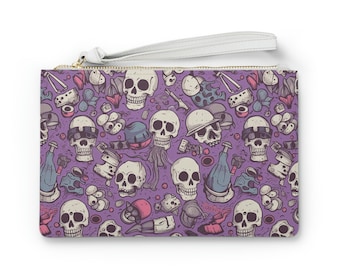 Skull Junkyard Gothic Cartoon Zippered Mini Clutch Bag | Women's Zipper Clutch Bag | Vegan Leather Clutch Bag