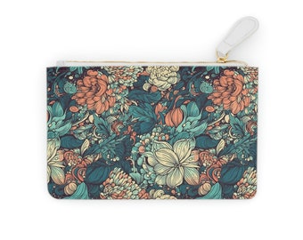 Stunning Hand-Painted Style Modern Floral Zippered Mini Clutch Bag | Women's Zipper Mini Clutch Bag | Vegan Leather Mini-Clutch Bag