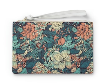 Stunning Hand-Painted Style Modern Floral Zippered Clutch Bag | Women's Zipper Clutch Bag | Vegan Leather Clutch Bag