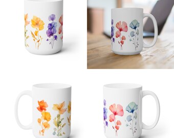 Pressed Flower Boho Design Ceramic Coffee Mug 15oz #4 | Dishwasher & Microwave Safe | Unique Artistic Coffee and Tea Cup | Perfect Gift Idea