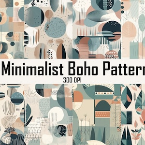May include: Eight minimalist boho patterns in a beige, brown, and blue color scheme. The patterns feature geometric shapes, circles, and leaves.