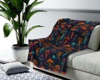 Psychedelic Blacklight Mushroom Print #5 Velveteen Plush Blanket | Vibrant Design | Soft & Warm | Perfect for Home Decor