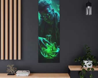 Techno-Mage in Dark Industrial Background | Poison-Wielding Magic | Canvas Wall Art | Unique Decor | Mystical & Modern Fusion