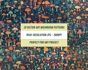 Calm and Cool Mushroom Patterns Set | 10 Designs | Digital Art for Wallpaper, Sewing, Sublimation, and Creative Projects