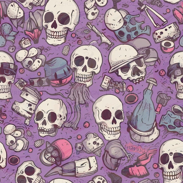 Spooky Cartoon Skulls & Creepy Junk Digital Pattern | Fun, Eerie Design