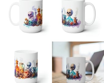 Skulls and Potions 15oz Ceramic Mug #2 | Unique Edgy Design | Perfect for Coffee, Tea | Microwave & Dishwasher Safe | Ideal Gift