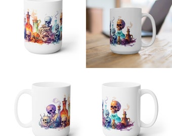 Ceramic Coffee Mug 15oz | Skulls and Potions Design #8 | Perfect for Hot Beverages, Dishwasher & Microwave Safe | Unique Gift Idea