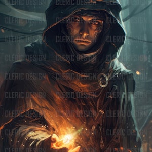 Techno-Mage in Dark Industrial Background | Fire-Wielding Magic | Printable Digital Art | Unique Digital Art