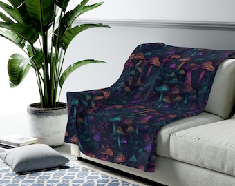 Psychedelic Blacklight Mushroom Print #2 Velveteen Plush Blanket | Vibrant Design | Soft & Warm | Perfect for Home Decor