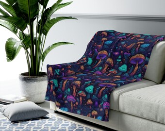 Psychedelic Blacklight Mushroom Print #6 Velveteen Plush Blanket | Vibrant Design | Soft & Warm | Perfect for Home Decor