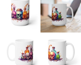 Ceramic Coffee Mug 15oz | Skulls and Potions Design #6 | Dishwasher & Microwave Safe | Unique Coffee and Tea Cup | Perfect Gift Idea
