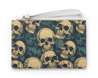 Gothic Green & Gold Skull Edgy Zippered Mini Clutch Bag | Women's Zipper Clutch Bag | Vegan Leather Clutch Bag