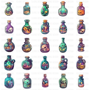 Może przedstawiać: Zestaw 25 kolorowych szklanych butelek z różnymi stworzeniami i przedmiotami w środku. Każda butelka ma unikalny design i korkowy korek. Butelki są wypełnione różnymi przedmiotami, w tym czaszkami, rybami i innymi fantazyjnymi przedmiotami.