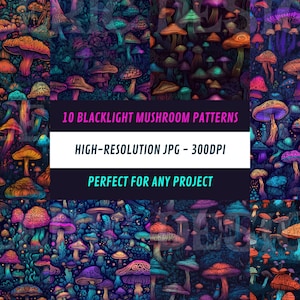 Conjunto hipnotizante de padrões de cogumelo Blacklight | 10 projetos | Arte Digital para Papel de Parede, Costura, Sublimação, Projetos Criativos | Exclusivo