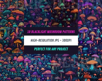 Mesmerizing Blacklight Mushroom Patterns Set | 10 Designs | Digital Art for Wallpaper, Sewing, Sublimation, Creative Projects | Unique