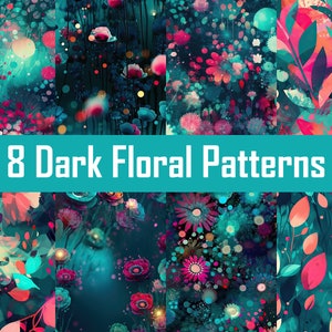 以下が含まれることがあります： ピンク、ターコイズ、ブルーの色合いで、さまざまな花、葉、抽象的な形を特徴とする、8つの暗い花の模様です。