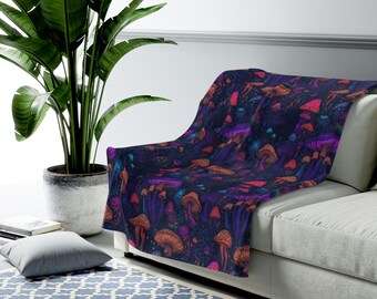 Psychedelic Blacklight Mushroom Print #4 Velveteen Plush Blanket | Vibrant Design | Soft & Warm | Perfect for Home Decor