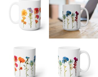 Pressed Flower Boho Design Ceramic Coffee Mug 15oz #3 | Dishwasher & Microwave Safe | Unique Artistic Coffee and Tea Cup | Perfect Gift Idea
