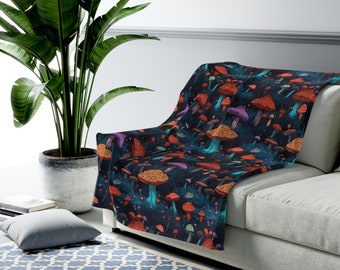 Psychedelic Blacklight Mushroom Print #10 Velveteen Plush Blanket | Vibrant Design | Soft & Warm | Perfect for Home Decor