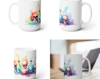 Ceramic Coffee Mug 15oz | Skulls and Potions Design #4 | Dishwasher & Microwave Safe | Unique Coffee and Tea Cup | Perfect Gift Idea